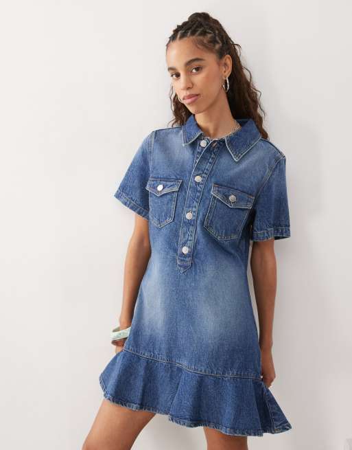 Monki denim tunic dress with flippy hem in mid blue wash | ASOS