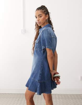 Monki denim tunic dress with flippy hem in mid blue wash ASOS