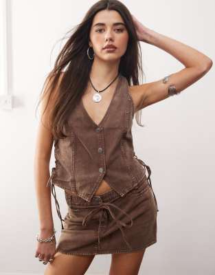 denim vest in washed brown - part of a set