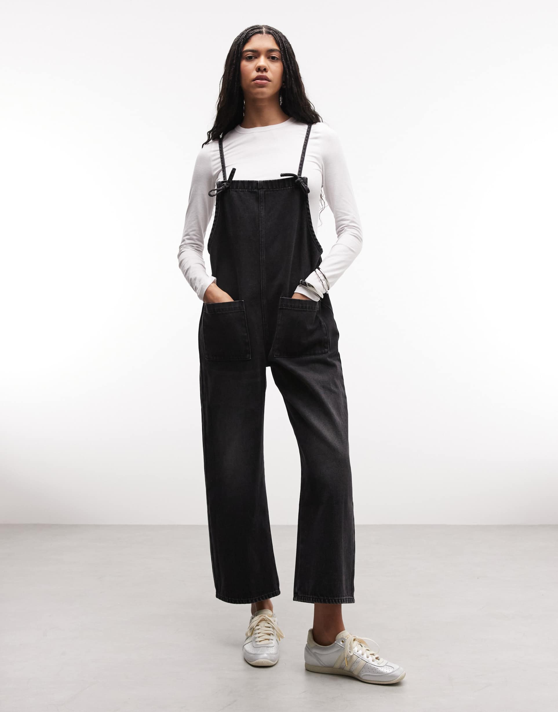 monki denim wide leg jumpsuit in black wash