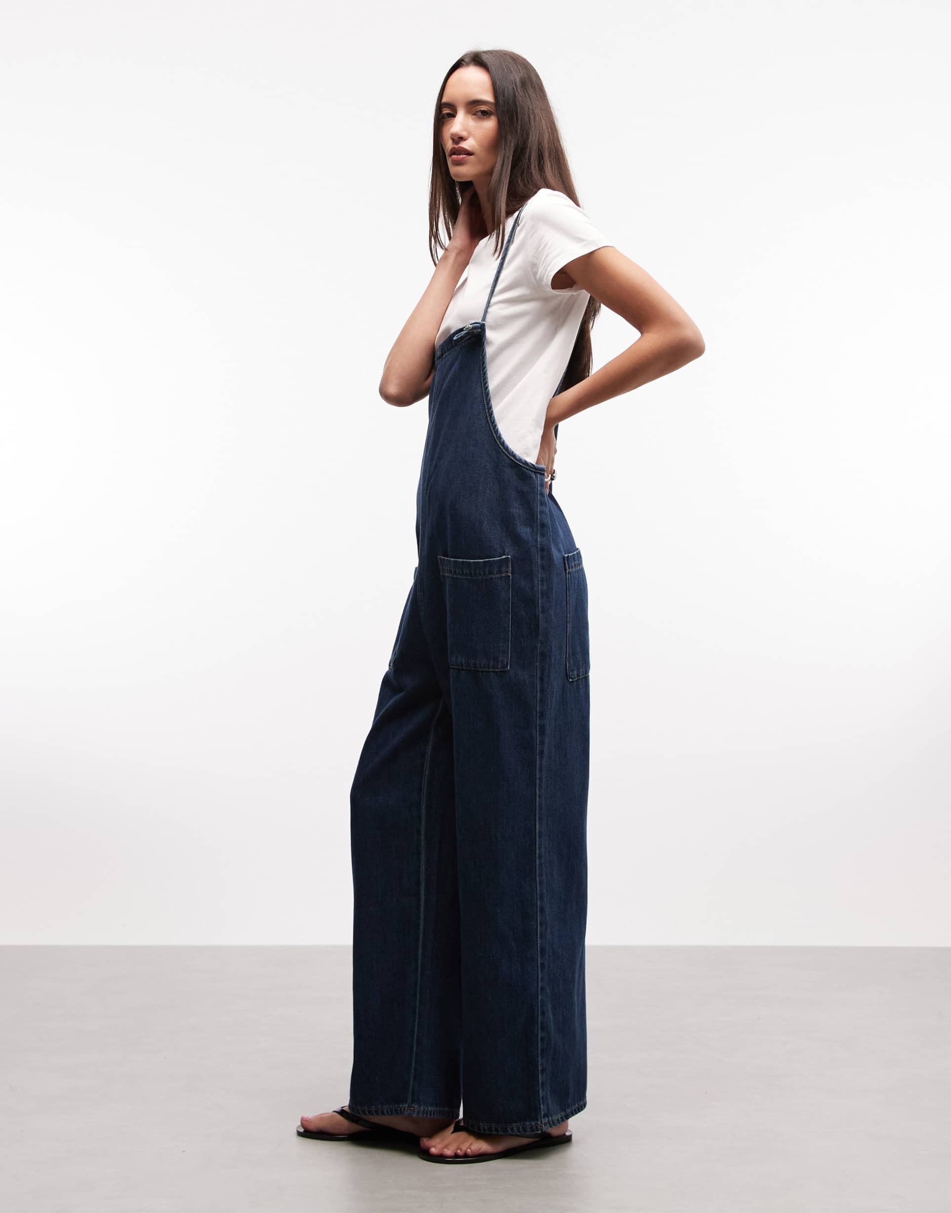 monki denim wide leg jumpsuit in blue wash