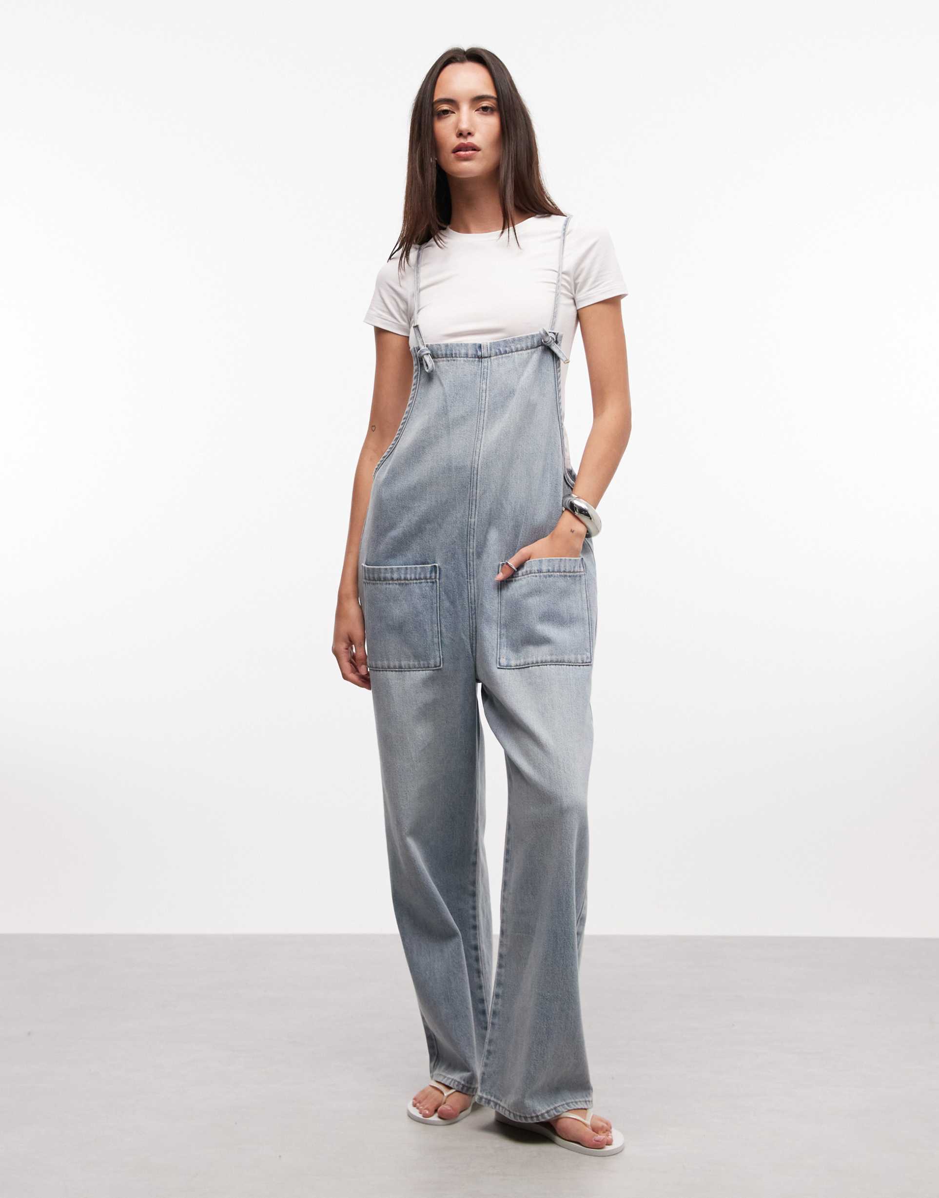 monki denim wide leg jumpsuit in light blue wash