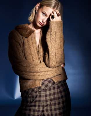 Monki Detachable Fur Collar Cable Knit Jacket In Brown
