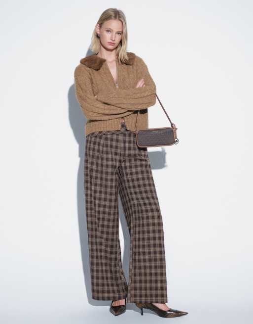 Monki detachable fur collar cable knit jacket in brown, 2 of 4