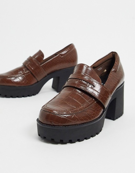 Monki Devon faux leather heeled chunky loafer in brown croc