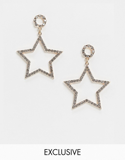 Monki Diamante star drop earrings in gold