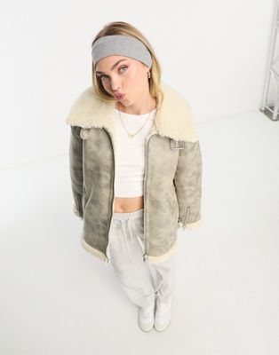 Monki distressed faux leather and shearing aviator jacket