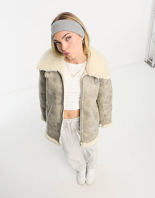 Monki distressed faux leather and shearing aviator jacket | ASOS