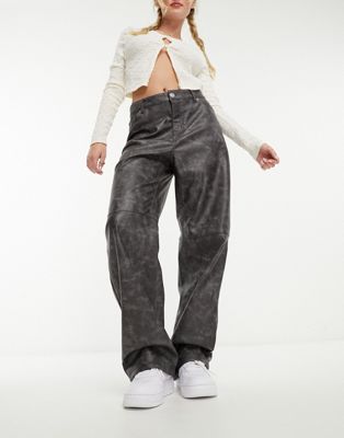 Monki distressed faux leather trousers-Brown