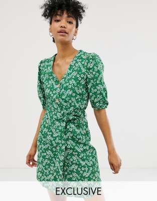 Monki Ditsy Floral Print Mini Tie Waist Shirt Dress In Green | ModeSens