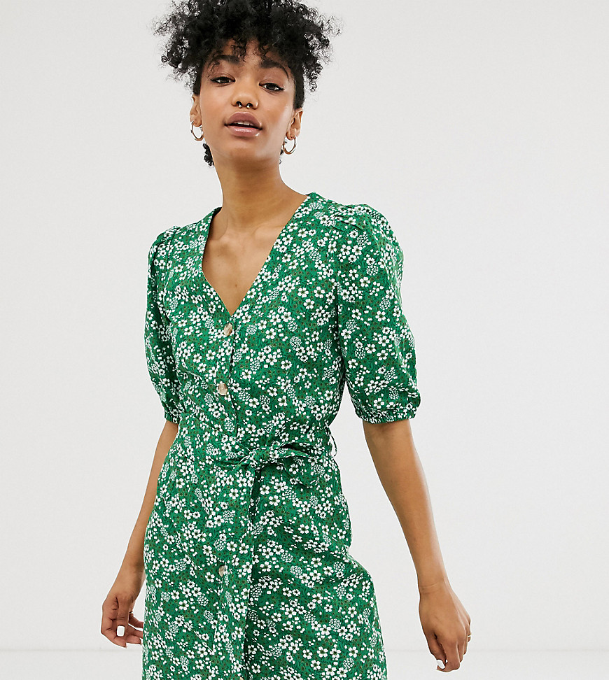 Monki Ditsy Floral Print Mini Tie Waist Shirt Dress In Green | ModeSens