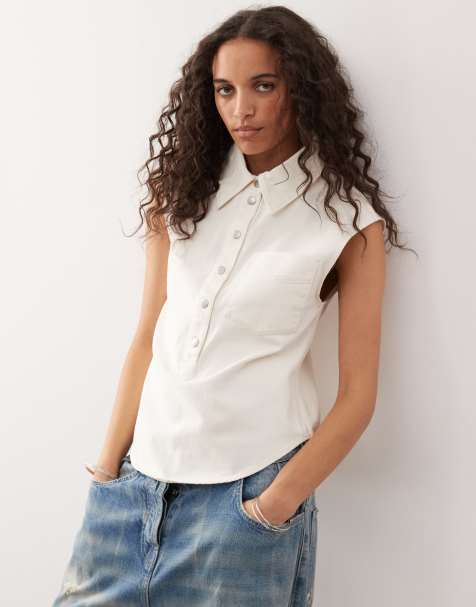 Monki – Dopasowana koszula z krótkimi rękawkami i zaokrąglonym dołem w kolorze złamanej bieli - view 1