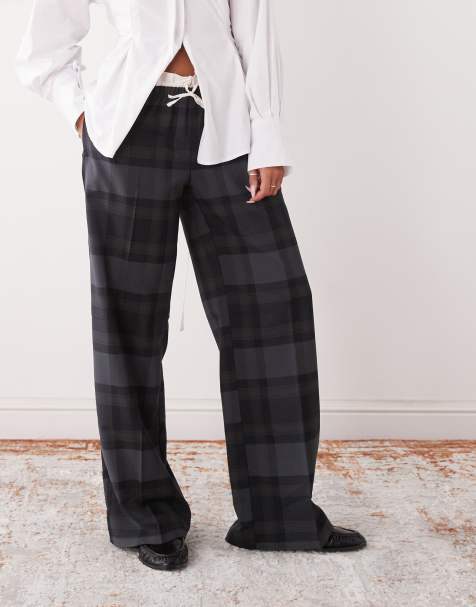 Monki pull on tailored trousers with cotton waistband detail in grey check 