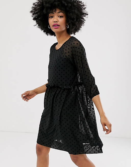Monki dot print mesh mini smock dress in black