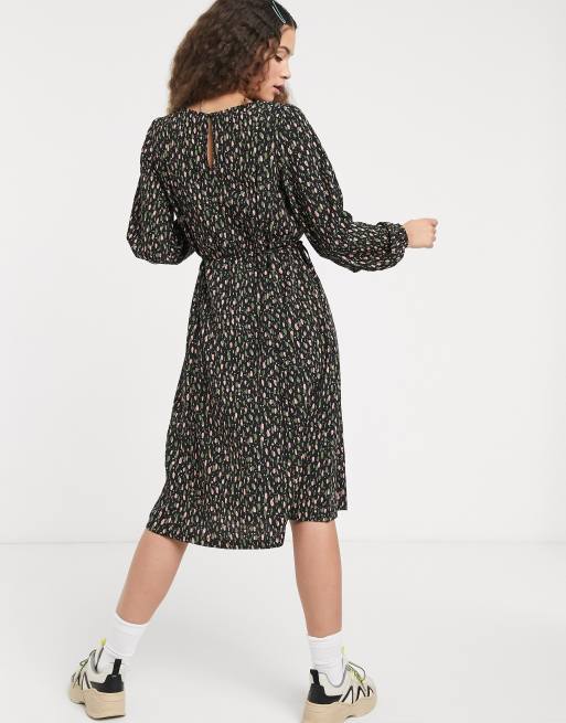 Monki dot print ruched waist mini skater dress in black