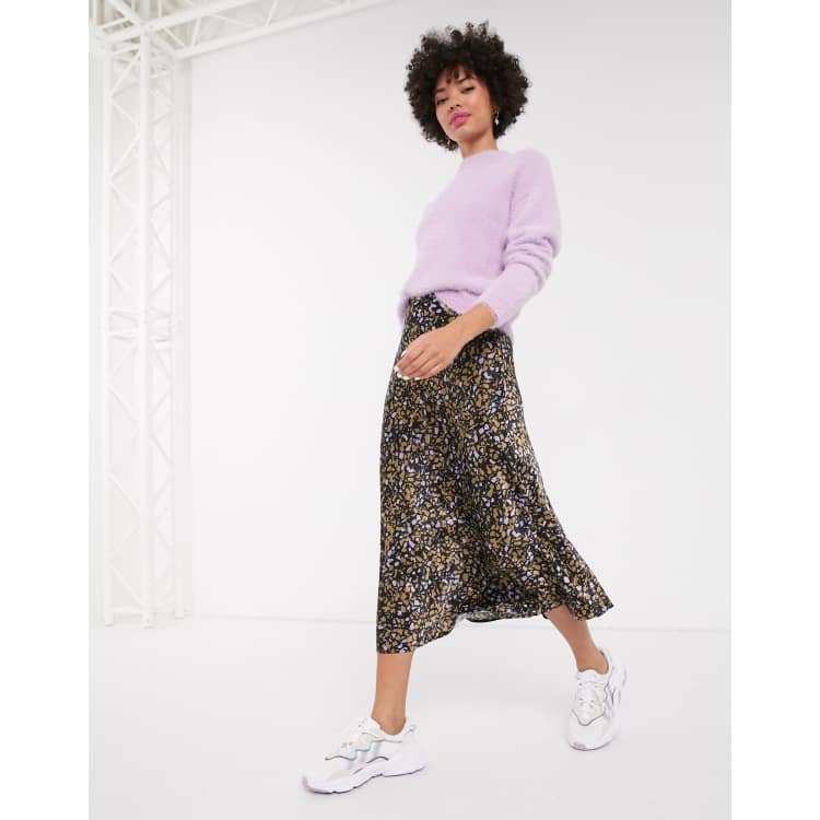 Monki dot print satin midi skirt in brown ASOS