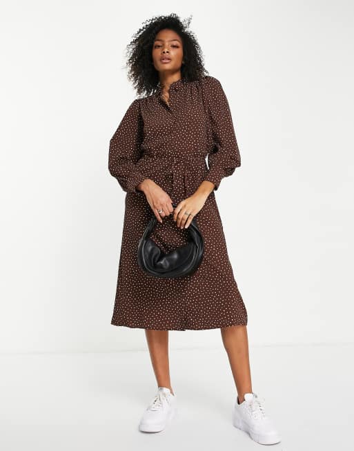 Monki dot print tie waist maxi shirt dress in brown