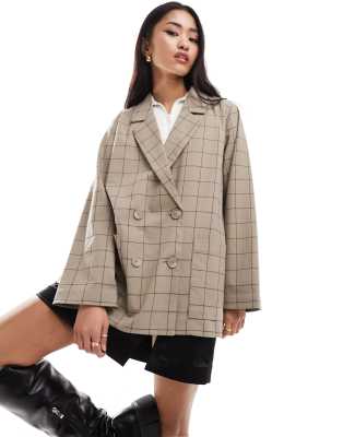 Monki double breasted blazer in beige check