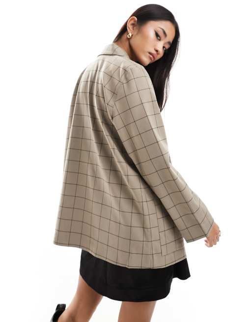 Monki double breasted blazer in beige check ASOS