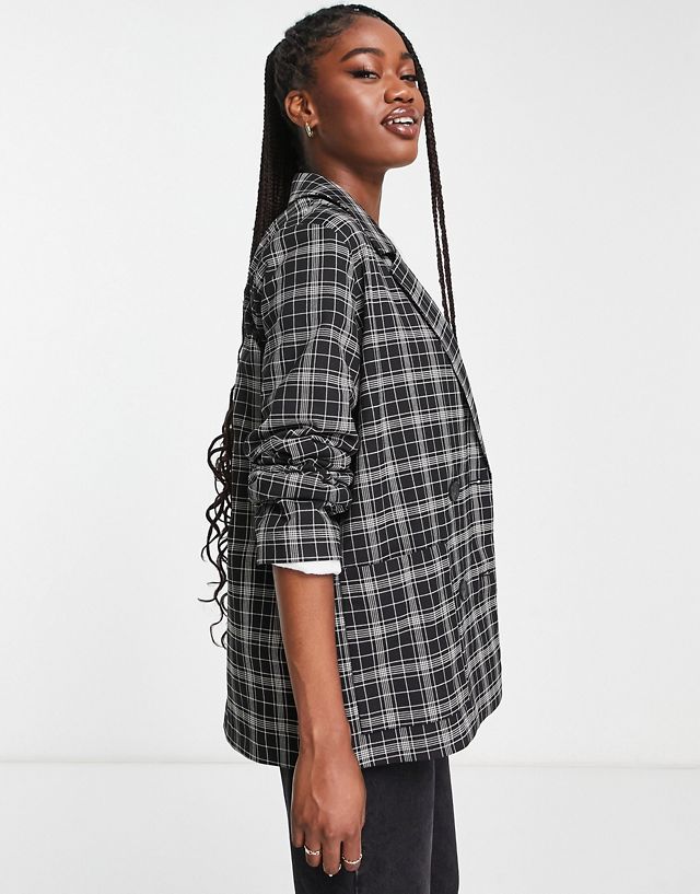 Monki double breasted blazer in black plaid