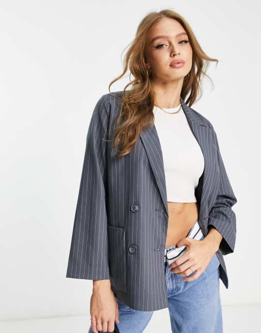 Monki double breasted blazer in grey pinstripe (part of a set)