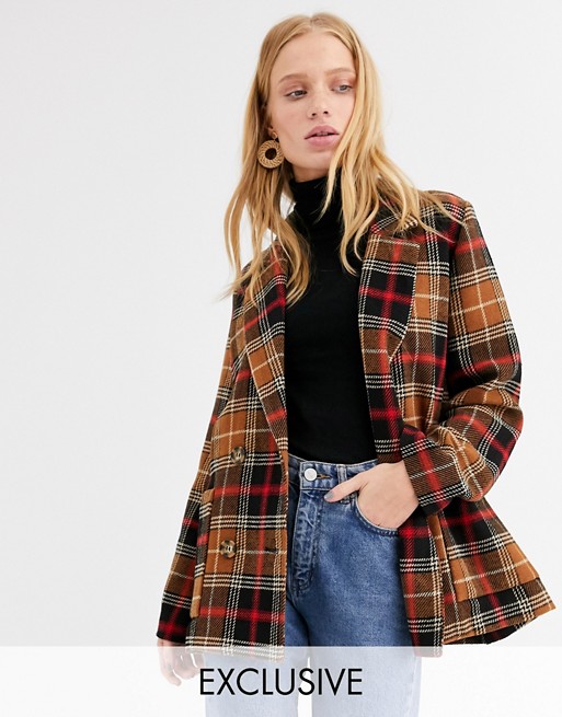 Monki double breasted checked blazer in brown