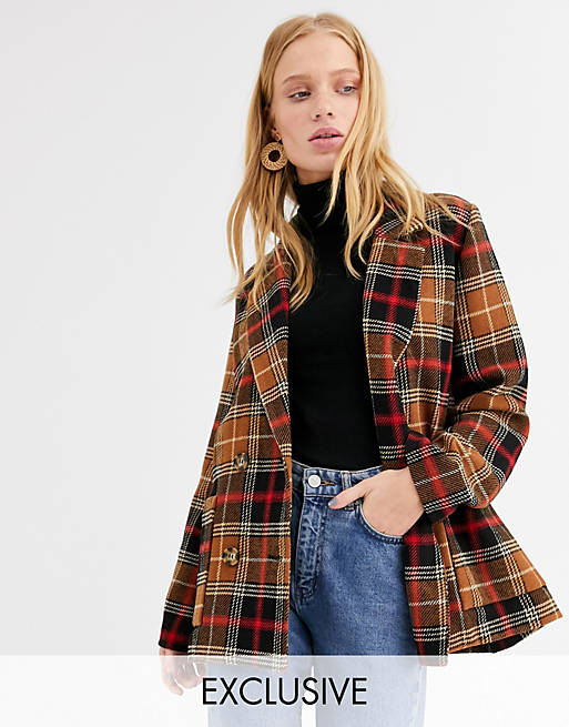 Monki double breasted checked blazer in brown | ASOS