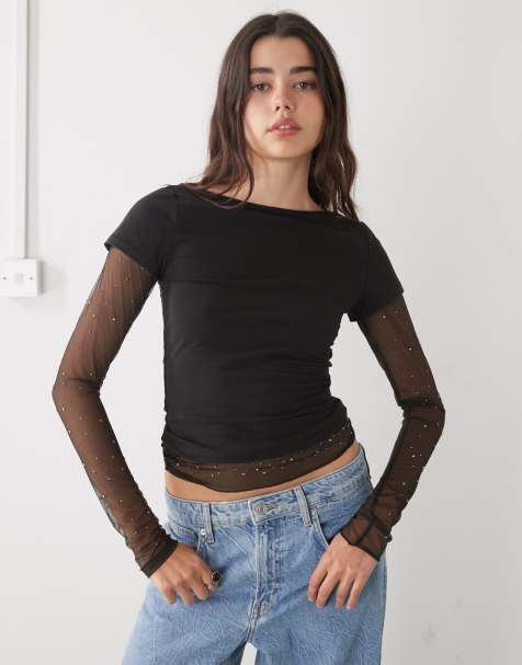 Monki double layer diamante sleeve top in black - view 1