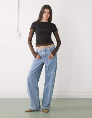 Monki Double Layer Diamante Sleeve Top In Black