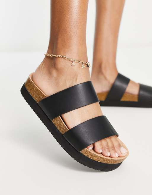 Monki double strap flat sandals in black