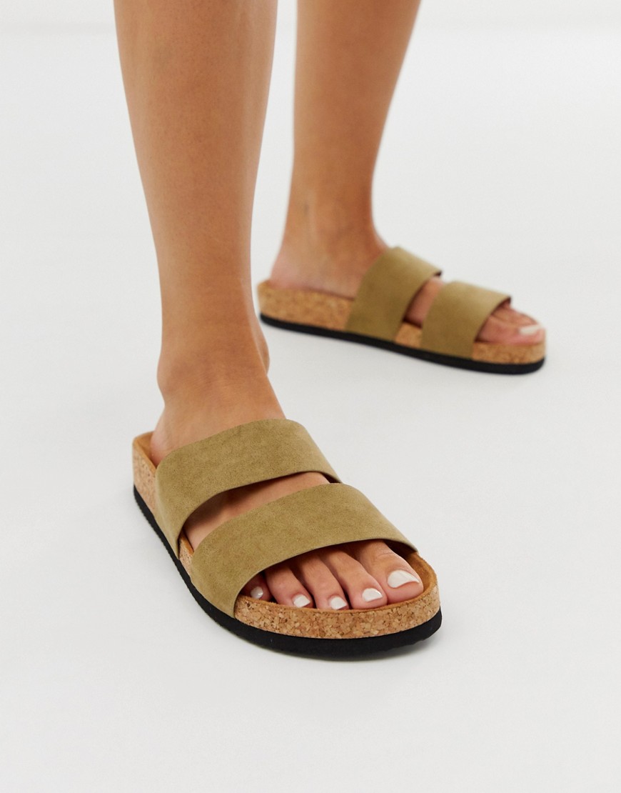 Monki double strap sandal in khaki faux suede-Green