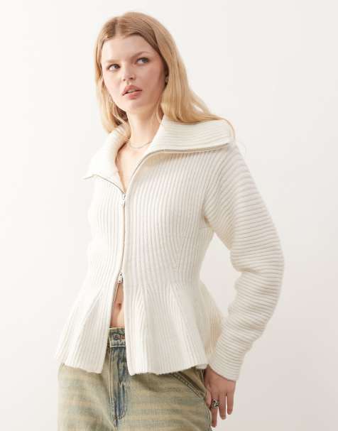 Monki double zip cinch cardigan with peplum hem in white - view 1