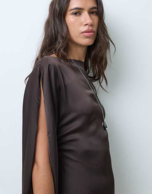 Monki drape satin cape mini dress in chocolate brown, 5 of 5