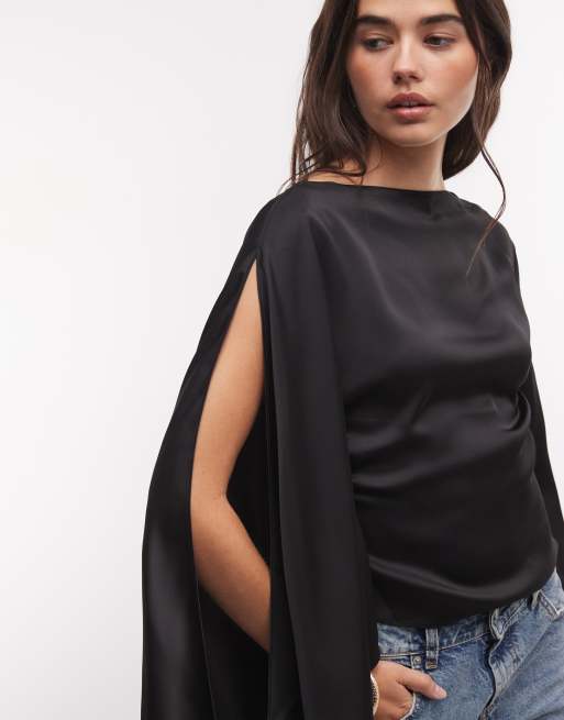 Monki draperad satintopp med långa ärmar och cape i svart, 3 av 4