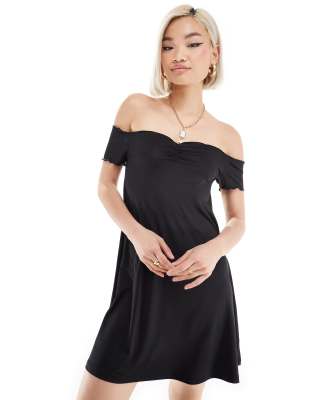 Monki Monki drapey jersey off shoulder mini dress in black