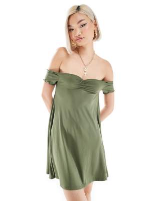 Monki Monki drapey jersey off shoulder mini dress in khaki-Green