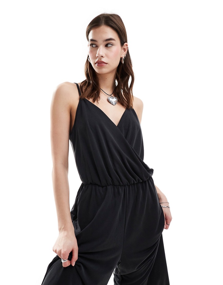 Monki drapey wide leg cami jumpsuit with wrap front in black