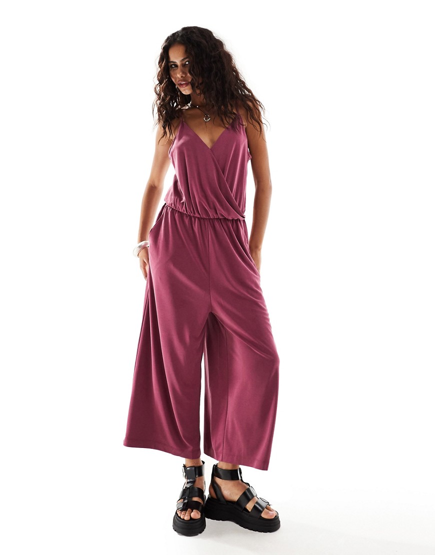 Monki drapey wide leg cami jumpsuit with wrap front in dark red