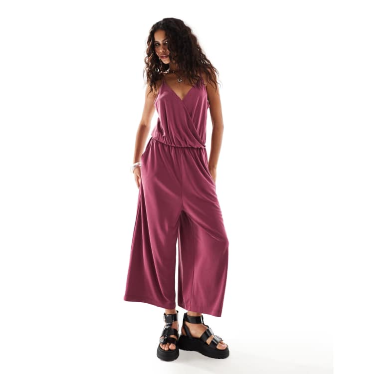 Monki drapey wide leg cami jumpsuit with wrap front in dark red ASOS