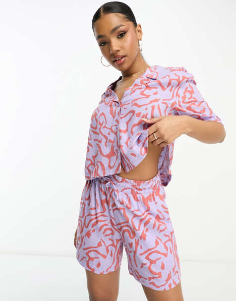 Monki drawstring shorts in purple scribble - part of a set - view 1