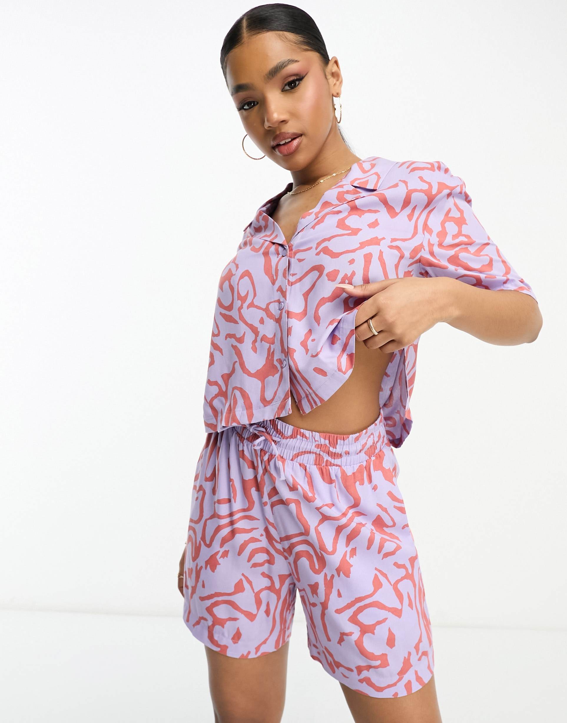 monki drawstring shorts in purple scribble - part of a set