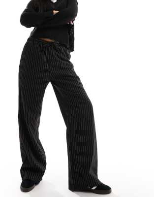 drawstring straight leg pants in black pinstripe