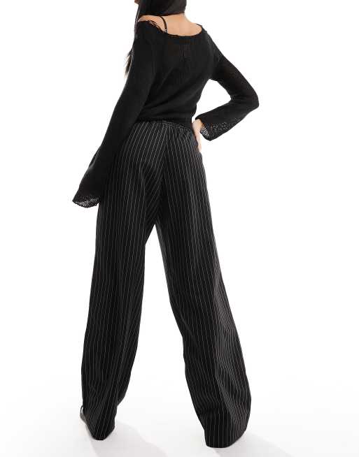 Monki drawstring straight leg pants in black pinstripe