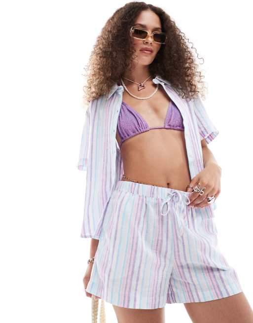Monki drawstring waist linen shorts in multi colour stripe (part of a set)