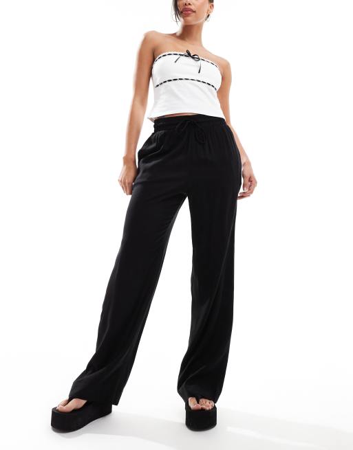 Monki drawstring waist trousers in black