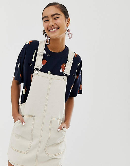Monki dungaree dress in cream with contrast stitching