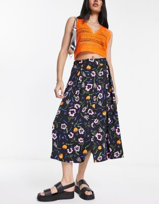 Monki - Durchgeknöpfter Midirock in Schwarz mit Blumenprint-Bunt