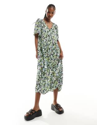 Thumbnail - Monki - Durchgeknöpftes Midikleid mit Blumenmuster, exklusiv bei ASOS-Bunt