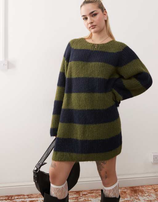 Monki – Dzianinowa sukienka mini typu skater z długimi rękawami i okrągłym dekoltem w paski w kolorze khaki i granatowym