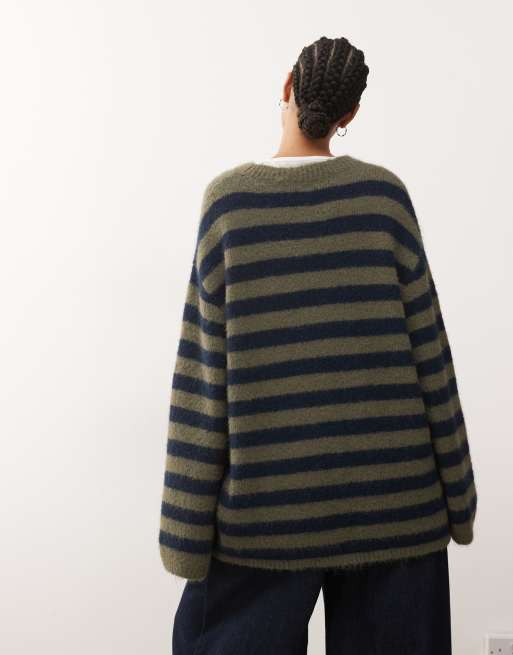 Monki – Dzianinowy kardigan oversize w oliwkowo-granatowe paski, 4 z 4